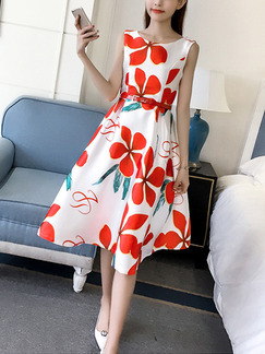 White and Red Slim Full Skirt Printed Open Back Buckled Dress for Casual Party