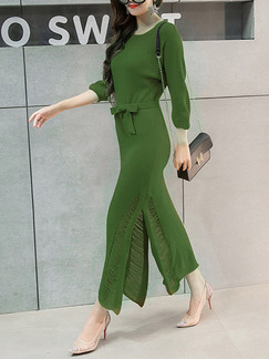 Green Knitted Furcal Stitching Over-Hip Band Holes Dress for Casual Office Evening
