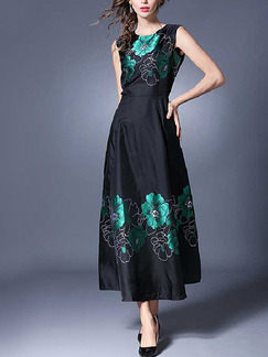 Black Chinese Satin Plus Size Full Skirt Figured Floral Dress for Casual Party Evening Office