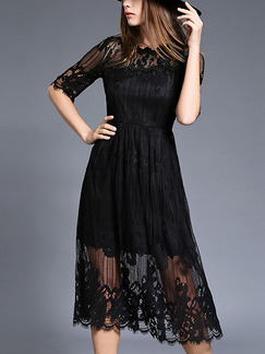 Black Slim A-Line Lace Linking See-Through Plus Size Dress for Casual Evening Office