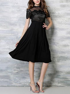 Black Slim A-Line Stand Collar Linking See-Through Contrast Lace Plus Size Dress for Casual Evening Office