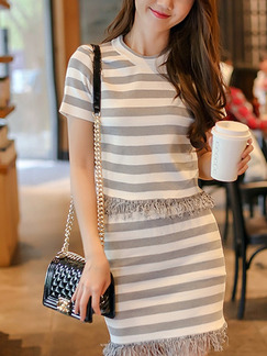Grey and White Two-Piece Knitted Stripe Tassels Above Knee Dress for Casual Party Office