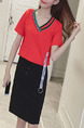 Red and Black Loose Contrast Linking V Neck Drawstring Above Knee Dress for Casual
