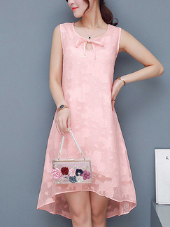 Pink Burnt-Out Loose Plus Size Asymmetrical Hem Band Knee Length Cute Dress for Casual Party