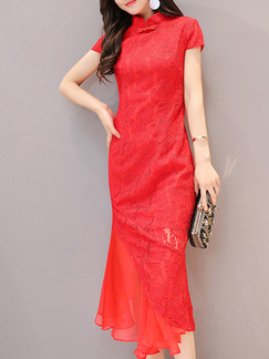 Red Lace Chinese Slim Plus Size Linking Ruffled Chinese Button Midi Dress for Casual Party Evening Office