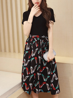 Black Colorful Slim Full Skirt V Neck Contrast Linking Band Printed Midi Plus Size Dress for Casual Party Evening Office
