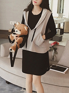 Grey and Black Knitted Loose Two-Piece Contrast Hooded Long  Sleeve Dress for Casual