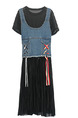 Blue and Black Denim Two-Piece A-Line Contrast Drawstring Pleated Edging Midi Dress for Casual Party