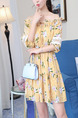 Beige Printed A-Line Off-Shoulder Band Ruffled  Laced Lantern Sleeve Adjustable Waist  Dress for Casual Party
