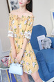 Beige Printed A-Line Off-Shoulder Band Ruffled  Laced Lantern Sleeve Adjustable Waist  Dress for Casual Party
