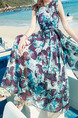 Blue Violet and White Slim Printed Round Neck Plus Size Zipper Back Full Skirt Dress for Casual Beach
