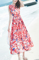 Red Blue and White Slim Printed Round Neck Plus Size Zipper Back Full Skirt Dress for Casual Beach

