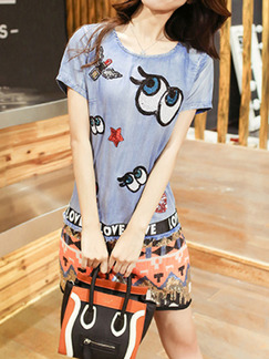 Grey Colorful Denim Contrast Linking Round Neck Located Printing Above Knee Dress for Casual