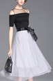 Black and Grey Slim Contrast Linking Off-Shoulder Butterfly Knot See-Through Dress for Casual Party Evening