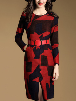 Red and Black Slim Plus Size H-Shaped Round Neck Contrast Printed Long Sleeve Dress for Casual Office Evening