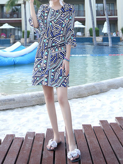 Blue Colorful Slim Plus Size Flare Sleeve Round Neck H-Shaped Above Knee Dress for Casual Beach
