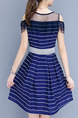 Blue and White Plus Size Slim A-Line Off-Shoulder Stripe Round Neck Mesh Above Knee Dress for Casual Office Party