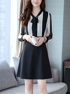 Black and White Plus Size Slim A-Line Lace Linking Lace Up Neck Above Knee Long Sleeve Dress for Casual Office Party