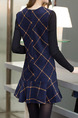 Blue and Black Slim Seem-Two Knitted Linking Contrast Grid Ruffled Pockets Above Knee Long Sleeve Dress for Casual Office