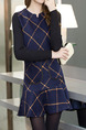 Blue and Black Slim Seem-Two Knitted Linking Contrast Grid Ruffled Pockets Above Knee Long Sleeve Dress for Casual Office
