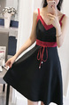 Black and Red Slim Sling Open Back Contrast Band Drawstring Dress for Casual Party