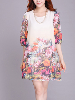 Beige Colorful Plus Size Loose A-Line Located Printing Round Neck Dress for Casual Party