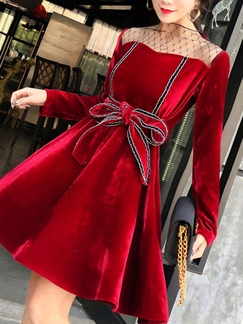 Red Slim A-Line Contrast Linking Mesh Band Butterfly Knot Dress for Ball Cocktail Party Evening