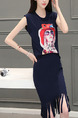 Blue Two-Piece Plus Size Slim Located Printing Round Neck Over-Hip Tassel Dress for Casual Office