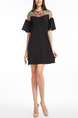 Black Slim A-Line Linking Embroidery Grenadine See-Through Flare Sleeve Above Knee Dress for Casual Party
