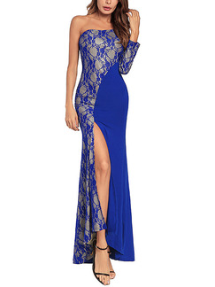 Blue Plus Size Slim Linking Lace Furcal Inclined Shoulder Dress for Cocktail Party Evening Ball