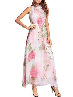 White and Pink Chiffon Plus Size Slim Printed High-Laced Neck Floral Halter Dress for Casual Party