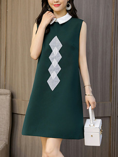 Green and White Plus Size A-Line Lapel Located Printing Zipper Back Shift Above Knee Dress for Casual Party Office