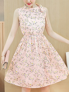 Pink and Grey Plus Size Slim A-Line Floral Round Neck Band Adjustable Waist Fit & Flare Above Knee Dress for Casual Party