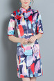 Colorful Slim Printed Chinese Button Over-Hip Cheongsam Above Knee Dress for Casual