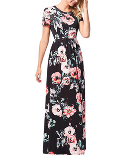 Black Pink Colorful Plus Size Slim Printed Round Neck Full Skirt Maxi Floral Dress for Casual Party Beach