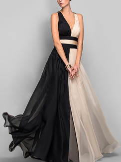 Beige and Black Slim Contrast Linking Deep V Neck Full Skirt Open Back Maxi Dress for Cocktail Bridesmaid Prom