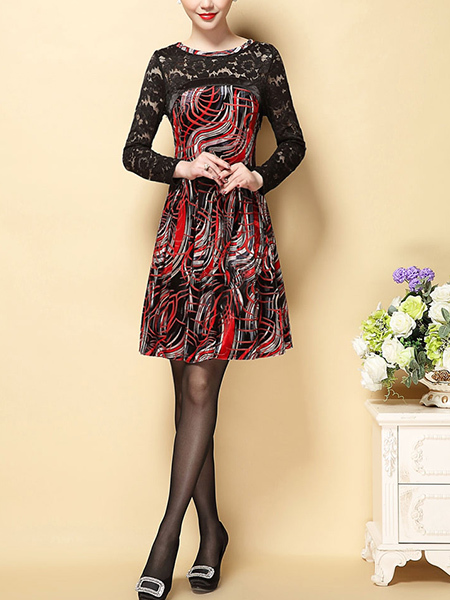 Black and Red Plus Size Slim A-Line Printed Linking Lace Round Neck Fit & Flare Long Sleeve Above Knee Dress for Party Evening Cocktail Semi-Formal