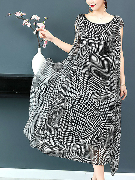 Black and White Plus Size Loose Printed Round Neck Asymmetrical Hem Midi Dress for Casual Party