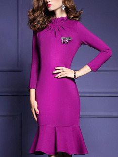 Purple Plus Size Slim Ruffle Stand Collar Over-Hip Fishtail Sheath Knee Length Dress for Casual Office Party