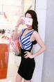 White Blue and Black Slim Contrast Linking Stripe Cross V Neck Over-Hip Bodycon Above Knee Dress for Casual Party Nightclub