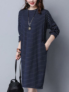 Black Loose Stripe Midi Long Sleeve Dress for Casual Office Party