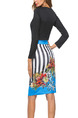 Black and Colorful Slim Linking Printed Stripe Knee Length Sheath Long Sleeve Dress for Casual Party Evening Office