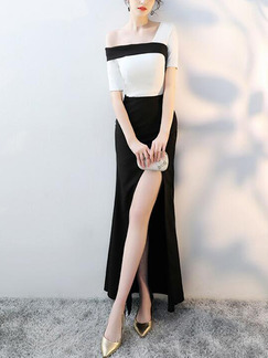 Black and White Slim Contrast Fishtail Maxi One Shoulder Dress for Party Evening Cocktail Prom