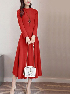 Red Slim High Waist Midi Long Sleeve Plus Size Dress for Casual Party Evening Office