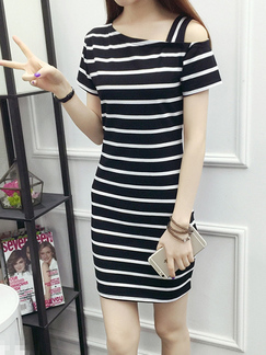 Black and White Slim Contrast Stripe Off-Shoulder Above Knee Bodycon Dress for Casual Party