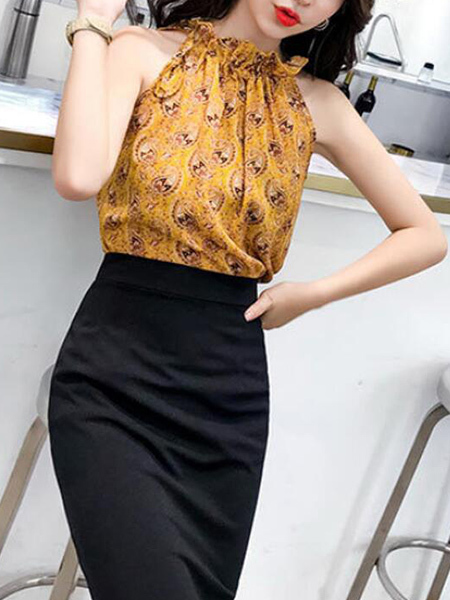 Yellow and Black Slim Printed Over-Hip Halter Bodycon Dress for Casual Party Office Nightclub