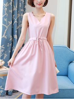 Pink Plus Size Drawstring Slim V Neck Fit & Flare Knee Length Dress for Casual Party