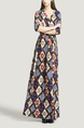 Colorful V Neck Placket Front Slim Grid Printed Knitted Band Belt Maxi  Dress for Casual Evening