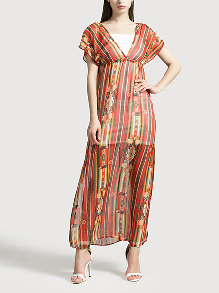 Red and Colorful V Neck Slim Chiffon Stripe Printed Adjustable Waist Two-Piece Dress for Casual Party Evening