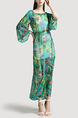 Green and Colorful A-Line Plus Size Boat Neck Adjustable Chiffon Printed Drawstring Maxi Floral Dress for Casual Beach